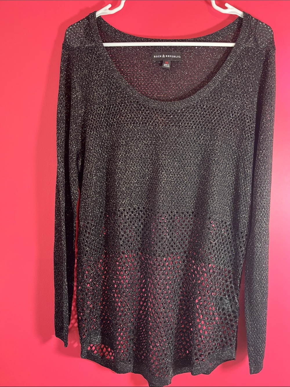 Rock & Republic Black Open-Knit Scoop Neck Sweater With Glitter